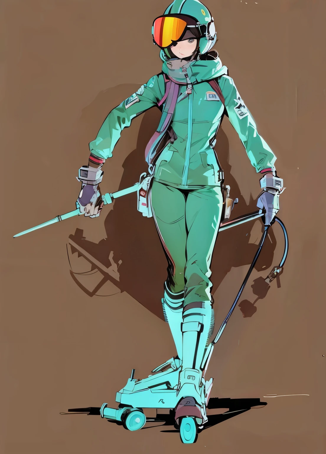 A thin, adult woman without hair, wearing short red latex gloves, wearing a sporty one-piece swimsuit, pale skin, wearing red roller skates with thick heels, The woman is posing standing while supporting herself with a metal cane, anime style, semi realistic style, Sleeve style, whole body.