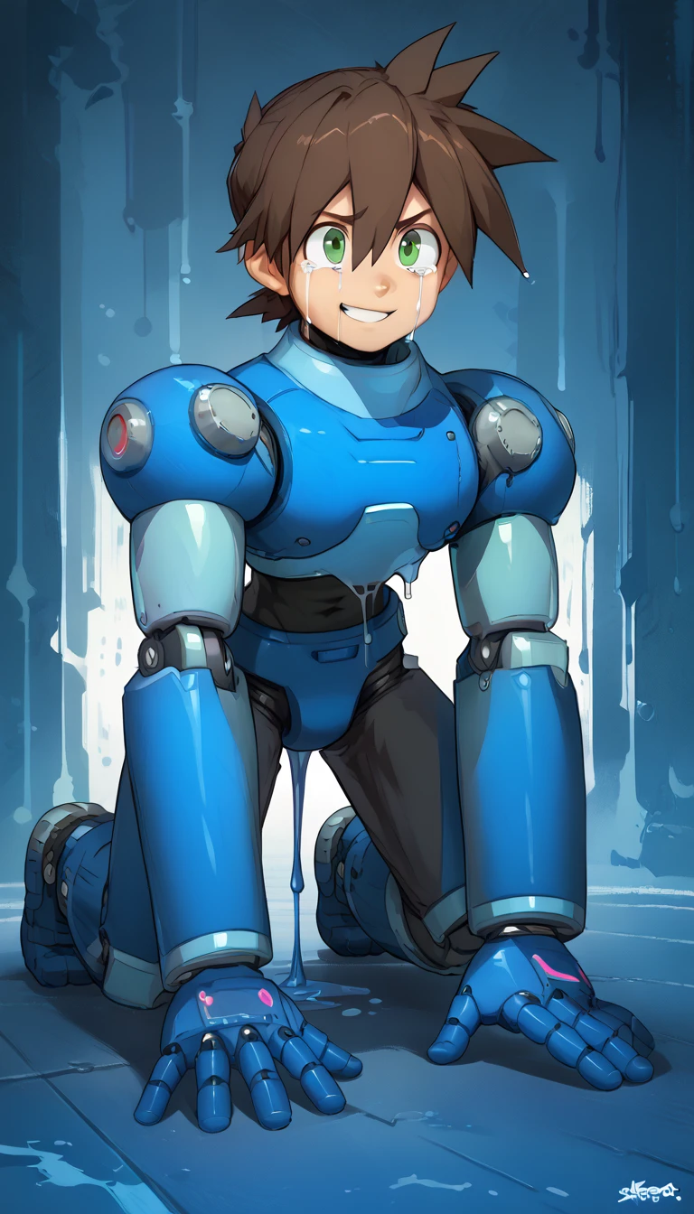 Shorts,Anatomically correct, (((8k resolution))),Black innerwear,Boy,Huge muscles,smile,cyborg,m3g4m4n,Blue Armor,Black Hair,male focus, brown hair, green eyes, Alone, android, hair between eyes,(((Clear liquid dripping from huge erect penis))),Crying face,Suffering face,Normal position,Start Running,On all fours