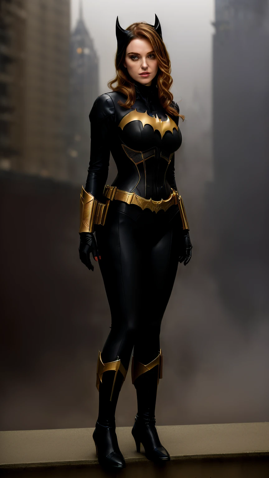 ( Highest quality masterpiece,16k:1.6),very precisely drawn, cinematic lighting, intricate composition, face focus, A beautiful woman in her 40s,Light brown short cut hair,batman cosplaying beautiful woman in black maicro bikini batman suit posing on a ledge, batwoman, batgirl, inspired by Deborah Kerr, amouranth,batwoman by Deborah Kerr , better known as amouranth, beautiful batwoman, gotham city style,cinematic beauty, very tight corset, ((Gotham City at night, street corner background with skyscrapers shrouded in fog))
