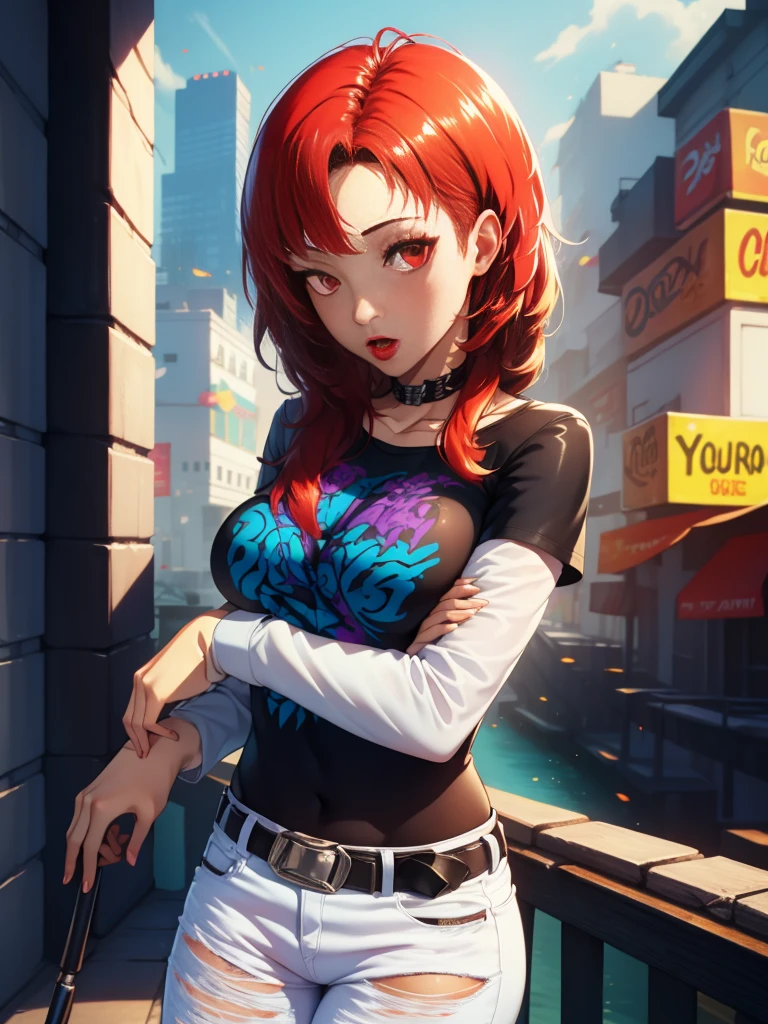 defHapi, red hair, 1girl, solo, standing, black t-shirt, white shirt, blue jeans, belt, lipstick, large breasts