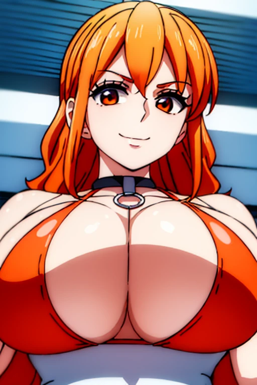 Best Quality、Ultra-detailed 8kcg，Perfect female body、((Busty))、((Huge and bouncy breasts))、Plus Size Model、Sharp focus、Highly detailed face and skin texture、Wink、Close your mouth、Beautiful Eyes、Eye highlights、Upper Body、Orange Hair、((Competitive Swimsuit))、smile、View here