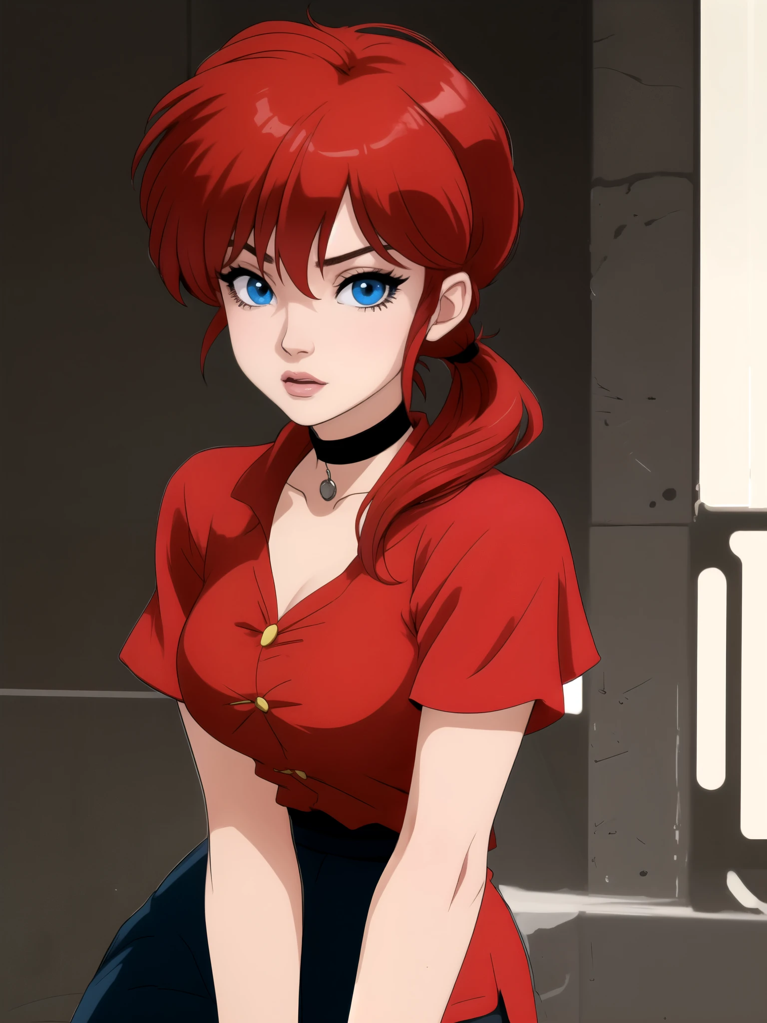 Ranma Saotome. red hair. Blue eyes. pigtail. choker. black eyeliner. tshirt
