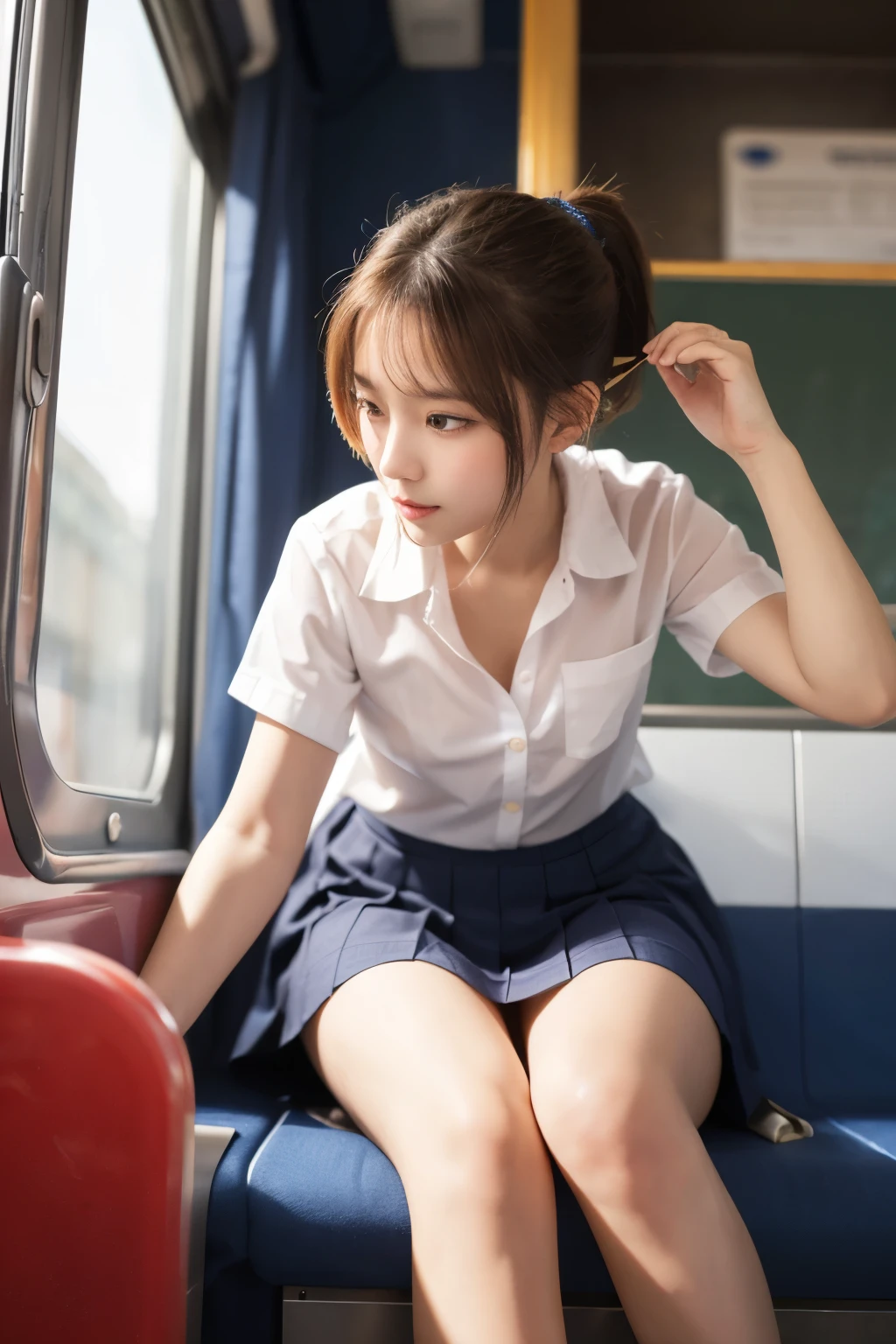 singaporea teenager, sitting on train, wearing short skirt, facing camera, visible underwear, hands to the side, visible panties, wearing school uniform