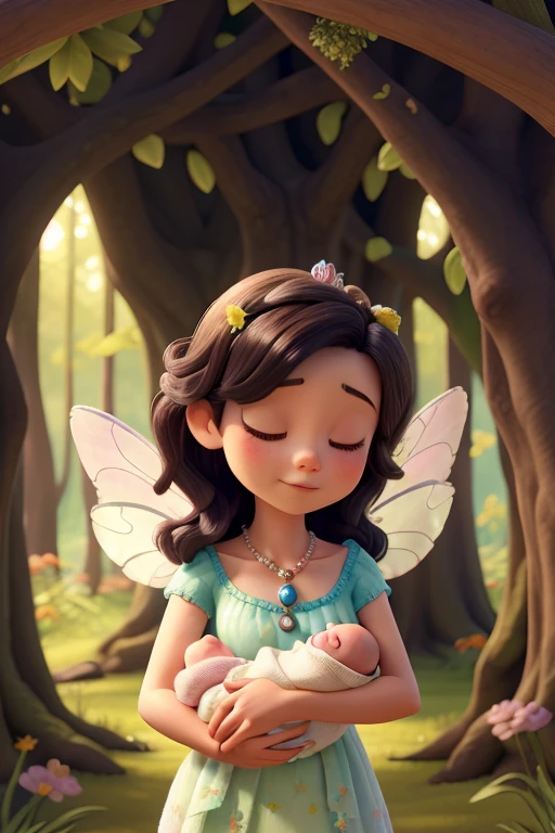 White woman smiling, curly black hair, eyes black, pink dress in a garden with wildflowers stretching out her arms to catch baby flying with pink angel wings, short medium blonde hair, blue colored eyes, flying into the woman's lap.