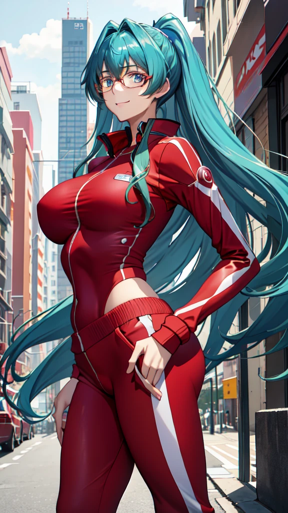 masterpiece, best quality, srwangelica, hair intakes, hair ornament, blue eyes, glasses, huge breasts, track suit, red track suit, red pants, from side, looking at viewer, city street, from below, smile