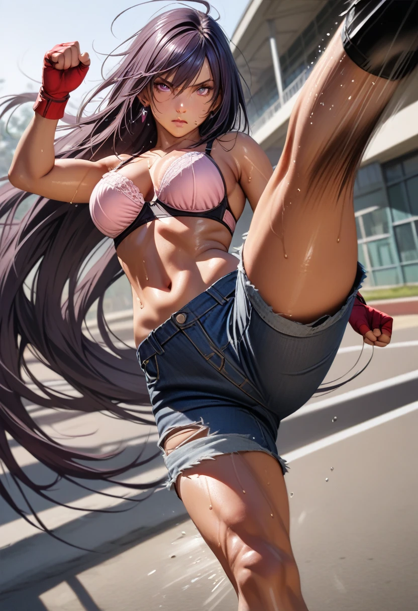 kanu,dark purple hair, hair over one eye, very long hair,red fingerless gloves, midriff,(delicate embellishments Gorgeous bra:1.2),navel,earrings,(low-rise damaged short denim pant:1.3),large breasts,perfect hands, perfect finger,perfect anatomy, masterpiece, best quality,realistic, hyperrealistic, 16k hdr,(1 muscular girl:1.2),outdoor,high school,(kicking down, kicking at viewer:1.5),dynamic angle,upper body,serious,sweat,strong wind,