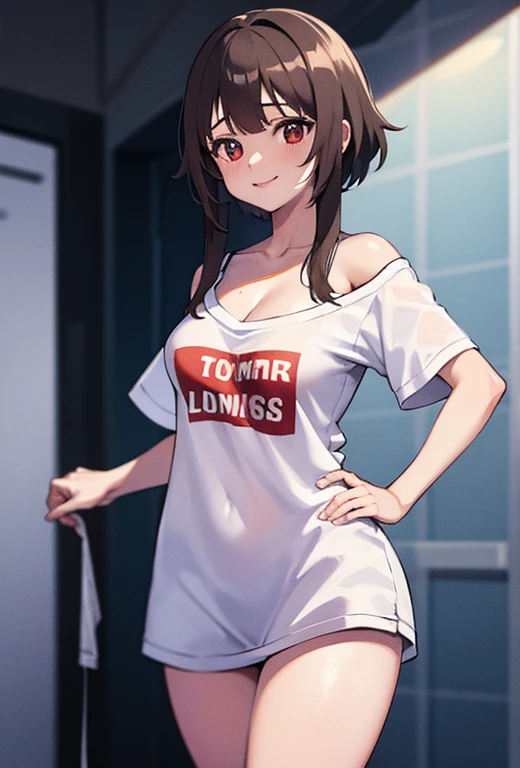 (beste-Qualit, 8K, 12), 1 girl, (megumin), brown hair, the perfect body, ultra detail face, detailed lips, (((very small boobs))), red eyes, cleavage, looking at viewer, lewd smile, ((oversize tshirt)), off shoulders, no pants, washing machines, thighs, ((white tshirt)), standing, hands on waist, bra strap, cowbot shot