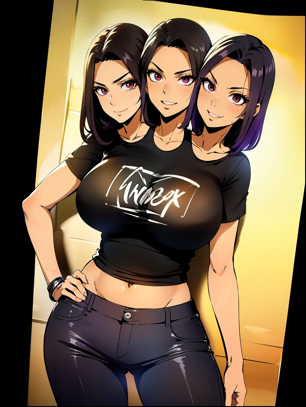 ((best quality), (high quality), (detailed), (masterpiece), good artist, (2heads:1.5), 1girl, (violet hair), red eyes, casual wear, gentle smile, ((black t shirt)), dark pants, a two headed woman with beautiful detailed eyes, (detailed hairstyles), strong and confident expressions, exposed midriff, sexy body and face, perfect body, beautiful symmetric body, sexy body, sexy girl, beautiful body and face, sexy hot body, very sexy pose,