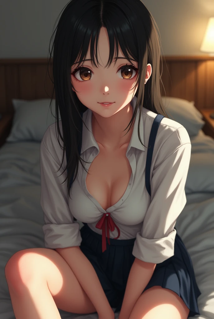 kurumitokisaki, tokisaki kurumi, black hair, low twintails, (hair over one eye:1.5), (red eyes:1.2), (small breast:1.2), BREAK thighhighs, hat, cleavage, white thighhighs, nurse cap, nurse, tokisaki kurumi, BREAK looking at viewer, BREAK indoors, bed, bedroom, BREAK (masterpiece:1.2), best quality, high resolution, unity 8k wallpaper, (illustration:0.8), (beautiful detailed eyes:1.6), extremely detailed face, perfect lighting, extremely detailed CG, (perfect hands, perfect anatomy),