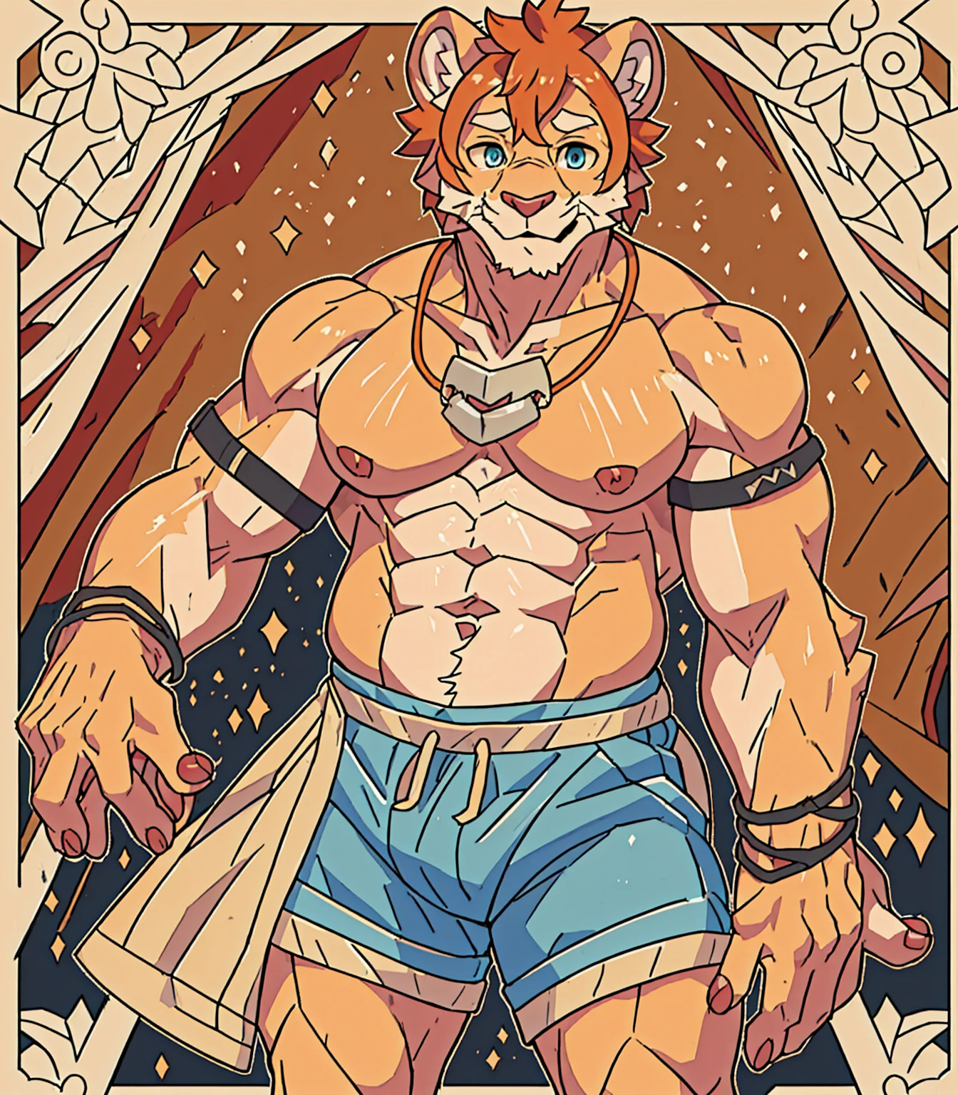 A masterpiece born, Best Quality, Realistic, Nothing, Non-rational solutions, 複雑なeye, Intricate weaving, Good lighting, Attention to detail, , Detailed border,
beautifuleye, Klimt-style background,Golden Background,
(Alone), Furry, Humanity, kemono, Lion, ,eye,eye,eye (Muscular body:2.1), 80 years old,old,senior citizen,senior citizen,old man,Wrinkles,細かいWrinkles,Nasolabial folds,額のWrinkles,, Weight 90kg,height: 190cm,expensive,beautiful,Long limbs,Bodybuilder,
Body hair, Tail tassel, beard,pad, 青いeye,
Hair tied up,eyeの間の毛,Ahoge,Side Lock,Forehead curl,Orange Hair,
Standing, smile, 
,necklace,,bracelet, Blue shorts,shirt,