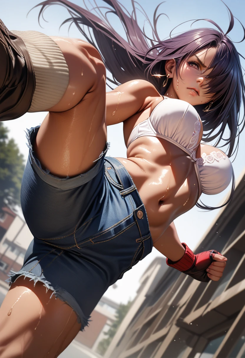 kanu,dark purple hair, hair over one eye, very long hair,red fingerless gloves, midriff,(delicate embellishments Gorgeous bra:1.2),navel,earrings,(low-rise damaged very short denim pant:1.3),large breasts,perfect hands, perfect finger,perfect anatomy, masterpiece, best quality,realistic, hyperrealistic, 16k hdr,(1 muscular girl:1.2),outdoor,high school,(kicking down, kicking at viewer:1.4),dynamic angle,upper body,serious,sweat,strong wind,