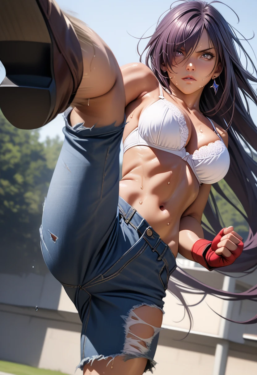 kanu,dark purple hair, hair over one eye, very long hair,red fingerless gloves, midriff,(delicate embellishments Gorgeous bra:1.2),navel,earrings,(low-rise damaged very short denim pant:1.3),large breasts,perfect hands, perfect finger,perfect anatomy, masterpiece, best quality,realistic, hyperrealistic, 16k hdr,(1 muscular girl:1.2),outdoor,high school,(kicking down, kicking at viewer:1.4),dynamic angle,upper body,serious,sweat,strong wind,