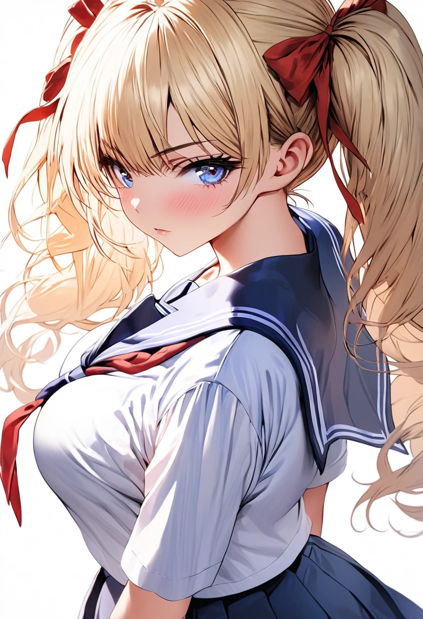 masterpiece,Best Quality,(ultra-detailliert:1.2), Beautiful eyes,Beautiful hair,Beautiful face,Beautiful skin, 1girl, japanese highshcool girl, sailor collar, school uniform, (((blonde))), twintails, miniskirt, dark blue eyes, serious high school girl, school uniform,  sailor suit, middy uniform, (((white shirt))), red ribbon,(((white background))), white high socks, brown pumps, monochromatic background, big breast, red hair ribbons, from behind, back shot