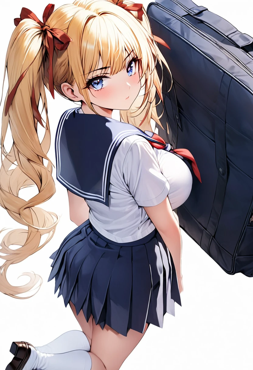 masterpiece,Best Quality,(ultra-detailliert:1.2), Beautiful eyes,Beautiful hair,Beautiful face,Beautiful skin, 1girl, japanese highshcool girl, sailor collar, school uniform, (((blonde))), twintails, miniskirt, dark blue eyes, serious high school girl, school uniform,  sailor suit, middy uniform, (((white shirt))), red ribbon,(((white background))), white high socks, brown pumps, monochromatic background, big breast, red hair ribbons, from behind, back shot