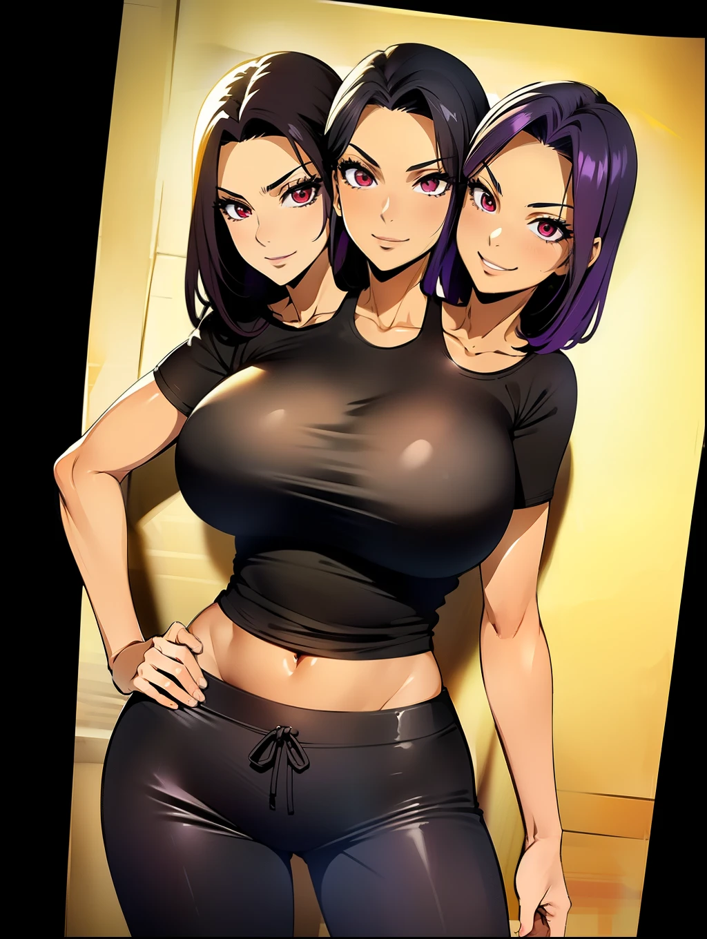 ((best quality), (high quality), (detailed), (masterpiece), good artist, (2heads:1.5), 1girl, (violet hair), red eyes, casual wear, gentle smile, ((black t shirt)), dark pants, a two headed woman with beautiful detailed eyes, (detailed hairstyles), strong and confident expressions, exposed midriff, sexy body and face, perfect body, beautiful symmetric body, sexy body, sexy girl, beautiful body and face, sexy hot body, very sexy pose,