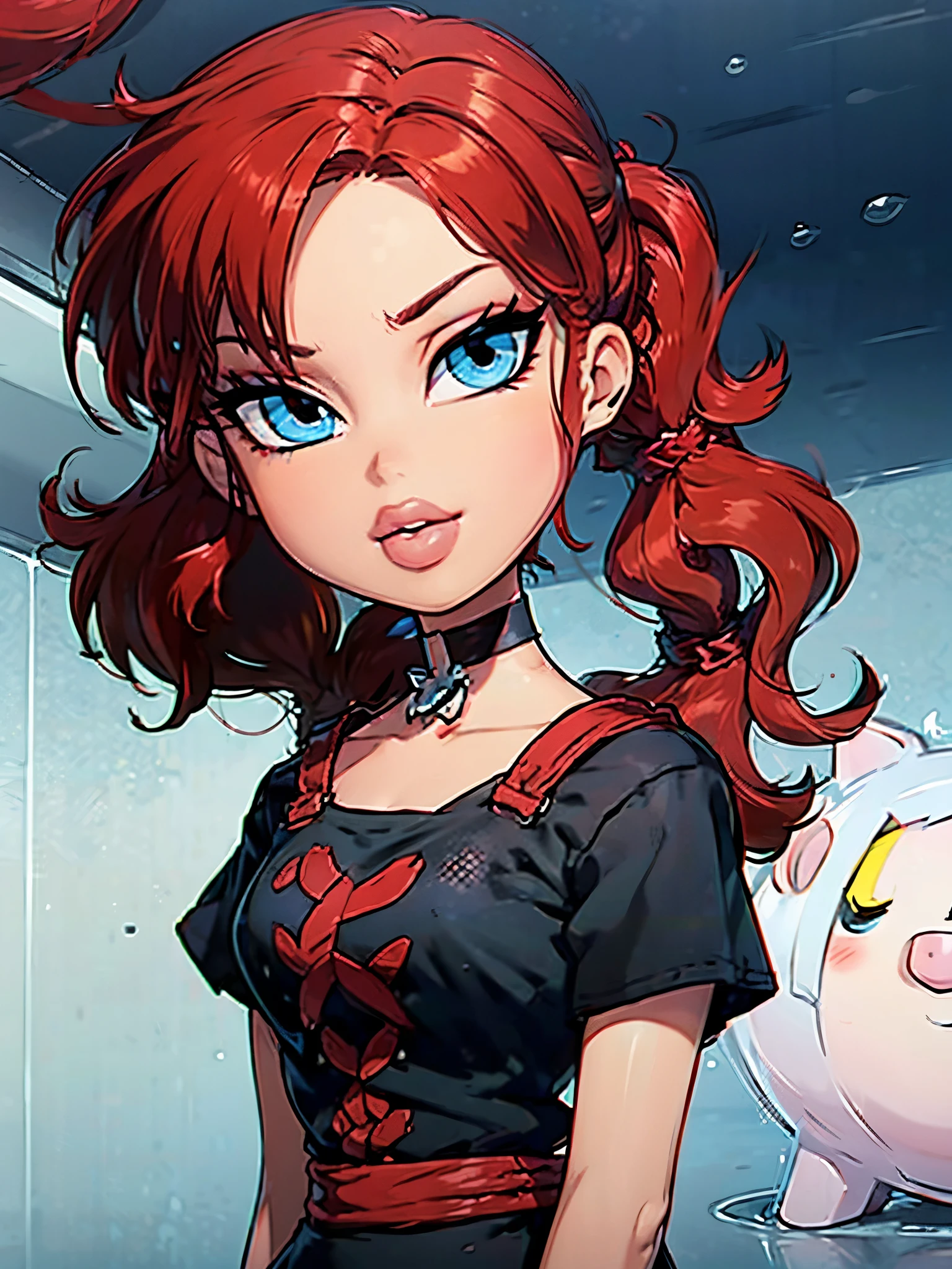 Ranma Saotome. red hair. Blue eyes. pigtail. choker. black eyeliner. tshirt
