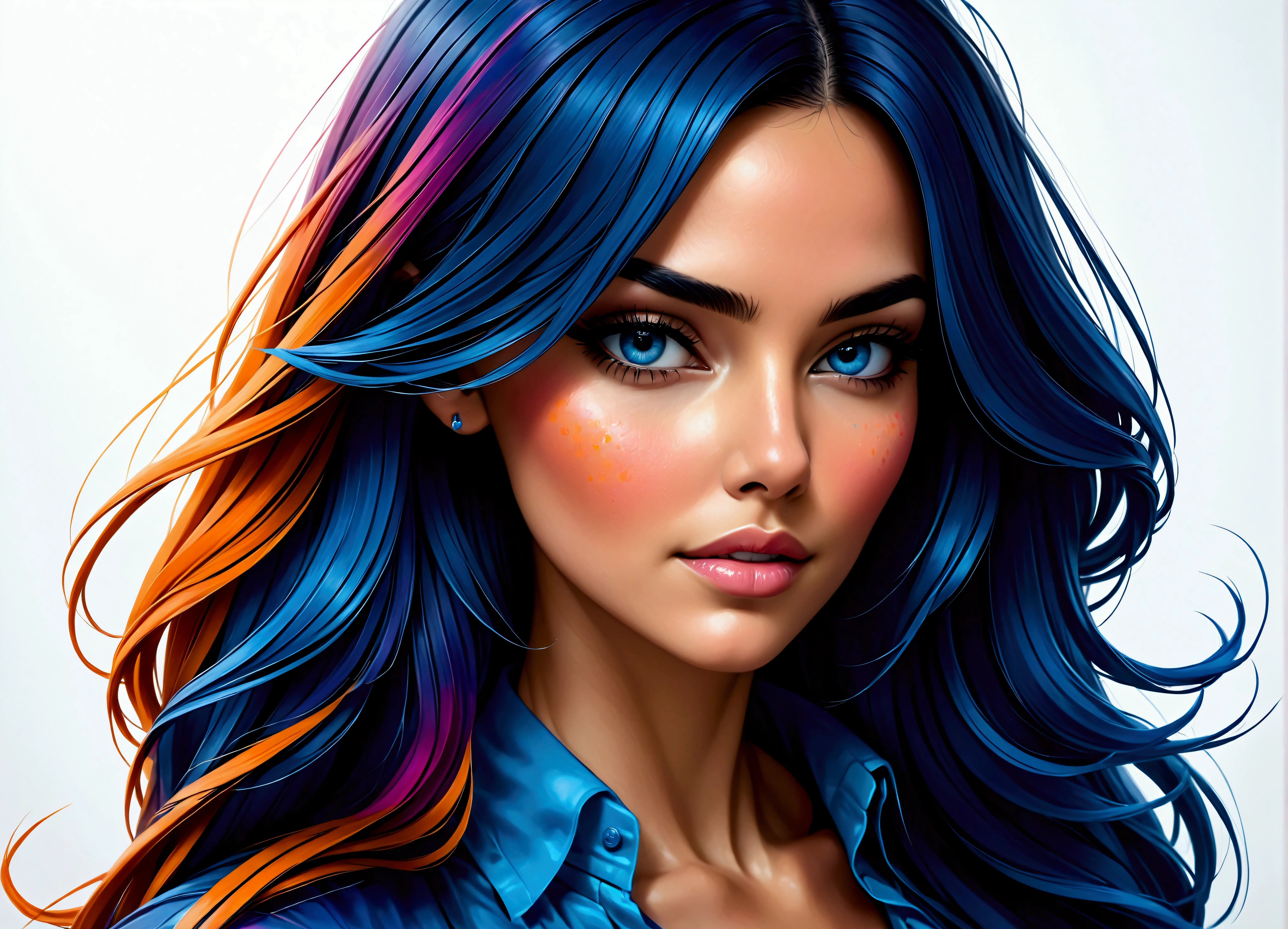 A beautiful woman, highlighted in vibrant colors like a colored pencil drawing, removing hair from face. The woman is very well dressed in a mix of shades of blue, pink and orange, with intricate details highlighting their garments. Around her are splashes of color similar to watercolors., with flowers and drops of paint..