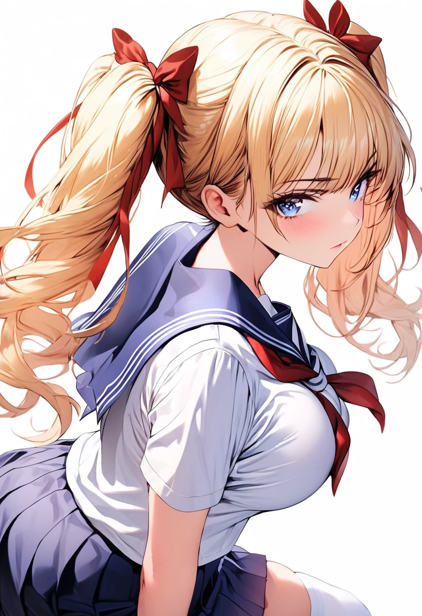 masterpiece,Best Quality,(ultra-detailliert:1.2), Beautiful eyes,Beautiful hair,Beautiful face,Beautiful skin, 1girl, japanese highshcool girl, sailor collar, school uniform, (((blonde))), twintails, miniskirt, dark blue eyes, serious high school girl, school uniform,  sailor suit, middy uniform, (((white shirt))), red ribbon,(((white background))), white high socks, brown pumps, monochromatic background, big breast, red hair ribbons, from behind, back shot