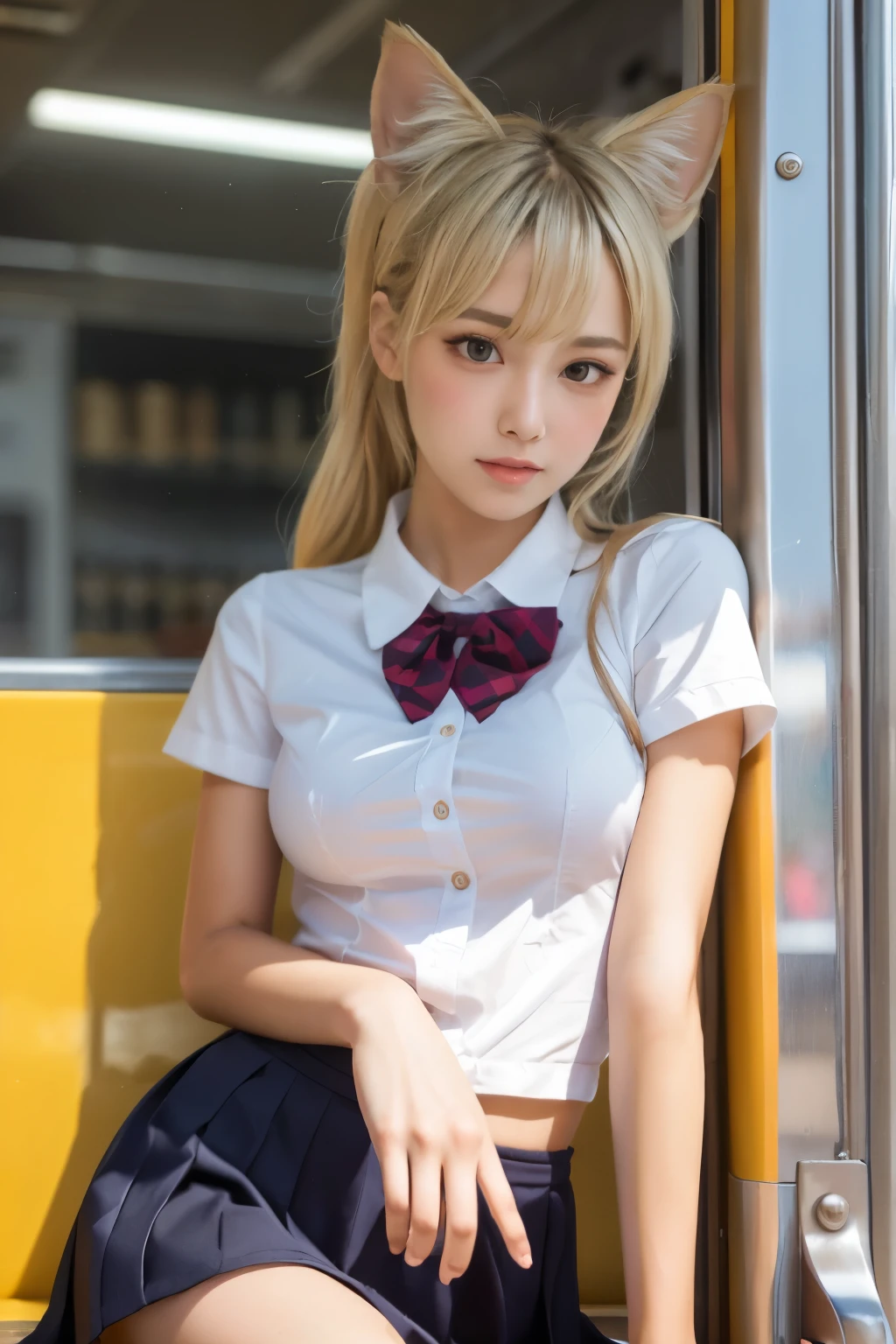 Wear a short skirt、Alafid (Alafid) Asian woman wearing bow tie sitting on train, Cute schoolgirl, Japanese schoolgirl, wearing Japanese school uniforms, Japanese school uniforms, a hyperPractical schoolgirl, Dress up as , hyperPractical , Wear school uniform, Practical , 女孩Wear, Wear , A posture, whole body, Good skin, 容Light焕发的皮肤, Beautiful thighs,发Light的大腿, 发Light的腿, (best quality, 8K, high resolution, lifelike:2.0), (Solitary, A girl:2.0),(Light: front),(Light: Strong),(The most beautiful girl:2.0),(Muscular girl:1.5),(有Light泽的皮肤:1.5),(Oily skin:1.5),(Platinum Blonde:1.5),Brown blush makeup , (big  eyes girl:1.5),(Emphasize cleavage),((Large Breasts)),(Slobber),(Open your legs wide to the audience:1.6),((amazing)),((Lying on your back on a clean bed，Leaning on the big pillow.)),(Open your legs:1.5),(Open your thighs boldly:1.5),(大胆地Open your legs:1.5),(命令Open your legs:1.5),(Providing sexual services to viewers:1.2),(Have a good attitude towards the audience)