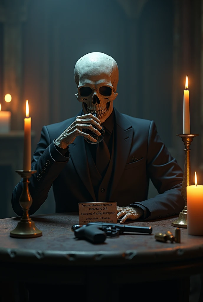 Cinematic Dynamic, Extreme Detail, nffsw,4K, More about Ultra HD, hyper realisitic ,Photorealistic, Octane Render ,Unreal Engine,(Skull Man 1.4)、(Tailcoat Skull 1.6)、silk hat、Sitting on a stylish sofa、Drink coffee in one coffee cup、Messenger of Hell、Black creatures、Detailed finger、cinematic light and shadow、Foggy