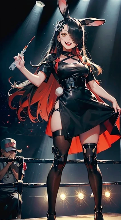 A girl with red cat ears, red hair in ponytail, completely naked, full body, arms half open, wrists handcuffed and chained to steel collar around neck, in high-class ballroom, men in suits and audience in background, red gloves covering hands and half arms, worried, anxious, barefoot, open mouth, fear, standing, black tights that go up to the thighs