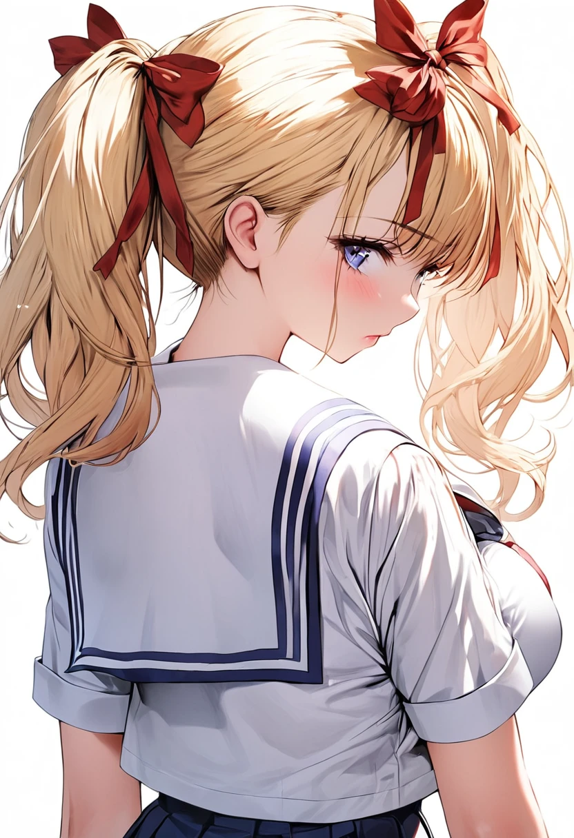 masterpiece,Best Quality,(ultra-detailliert:1.2), Beautiful eyes,Beautiful hair,Beautiful face,Beautiful skin, 1girl, japanese highshcool girl, sailor collar, school uniform, (((blonde))), twintails, miniskirt, dark blue eyes, serious high school girl, school uniform,  sailor suit, middy uniform, (((white shirt))), red ribbon,(((white background))), white high socks, brown pumps, monochromatic background, big breast, red hair ribbons, from behind, back shot