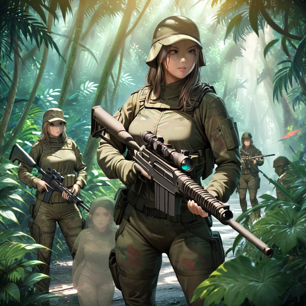 a squad of female combat soldiers in stealth camouflage armor, blurred body outlines, equipped with sniper rifles, hidden in lush jungle, face paint, only glimpses of faces and hands visible, dark jungle environment with minimal sunlight, (transparent person:1.5), predator-like stealth and combat abilities, highly detailed, cinematic, photorealistic