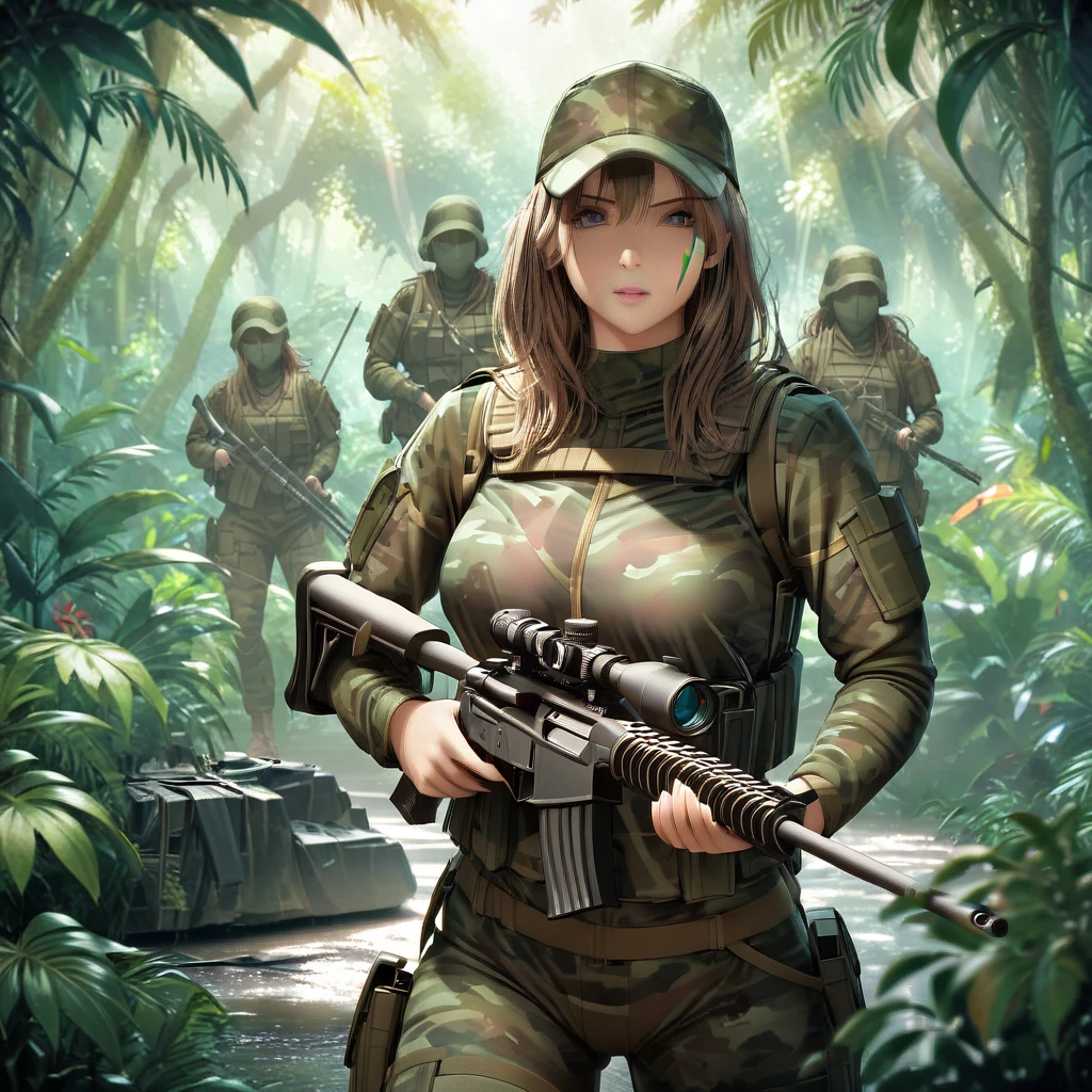 a squad of female combat soldiers in stealth camouflage armor, blurred body outlines, equipped with sniper rifles, hidden in lush jungle, face paint, only glimpses of faces and hands visible, dark jungle environment with minimal sunlight, (transparent person:1.5), predator-like stealth and combat abilities, highly detailed, cinematic, photorealistic