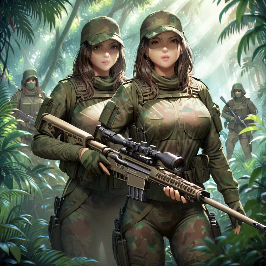 a squad of female combat soldiers in stealth camouflage armor, blurred body outlines, equipped with sniper rifles, hidden in lush jungle, face paint, only glimpses of faces and hands visible, dark jungle environment with minimal sunlight, (transparent person:1.5), predator-like stealth and combat abilities, highly detailed, cinematic, photorealistic