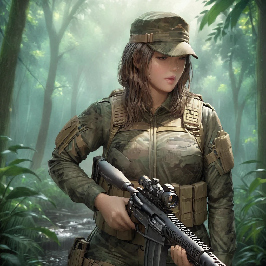 A group of female combat soldiers in stealth camouflage armor, blending into the dense jungle, holding sniper rifles, faces obscured by warpaint, barely visible outlines, ominous jungle atmosphere, low lighting, (best quality,4k,8k,highres,masterpiece:1.2),ultra-detailed,(realistic,photorealistic,photo-realistic:1.37),military,special forces,tactical gear,dark,gritty,cinematic