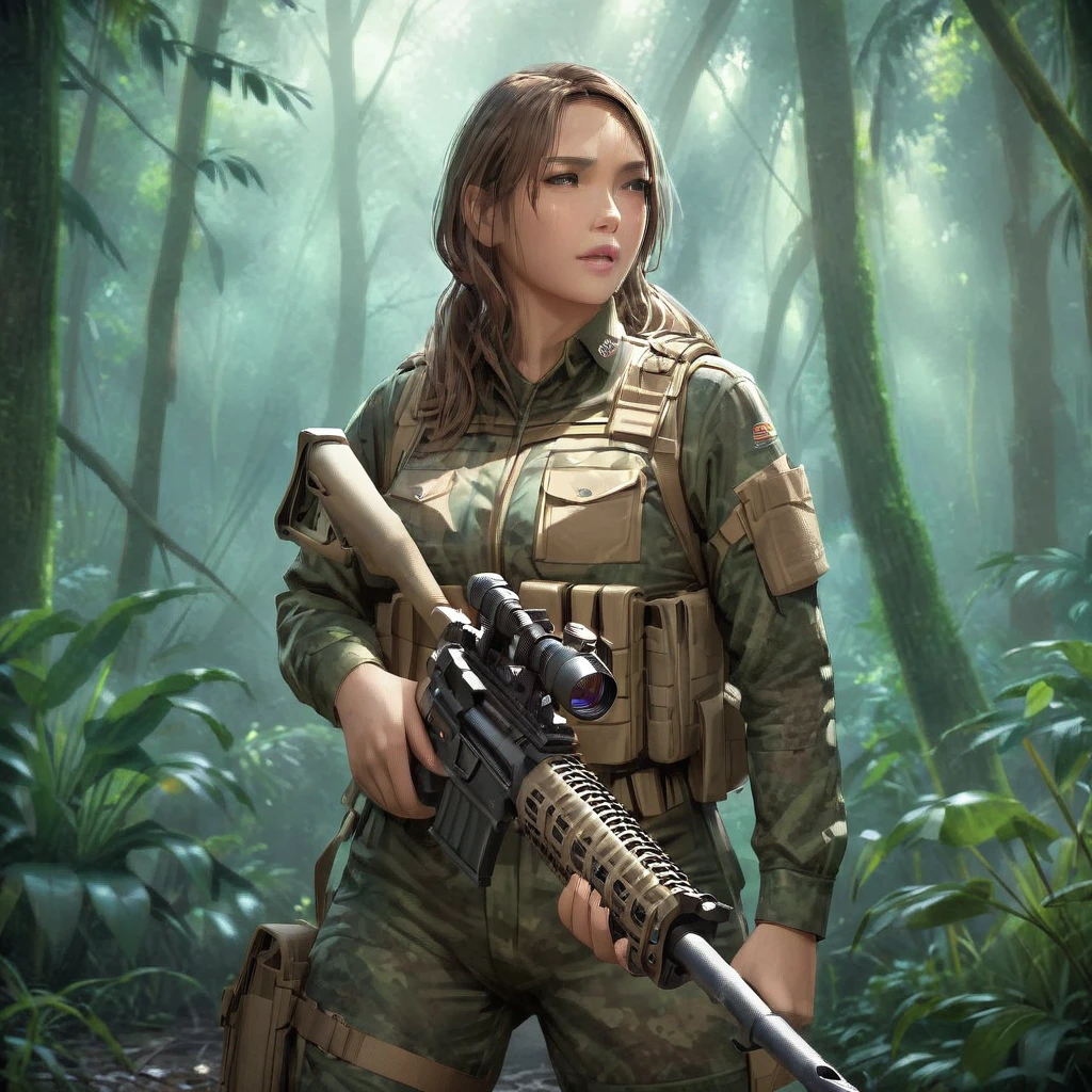 A group of female combat soldiers in stealth camouflage armor, blending into the dense jungle, holding sniper rifles, faces obscured by warpaint, barely visible outlines, ominous jungle atmosphere, low lighting, (best quality,4k,8k,highres,masterpiece:1.2),ultra-detailed,(realistic,photorealistic,photo-realistic:1.37),military,special forces,tactical gear,dark,gritty,cinematic