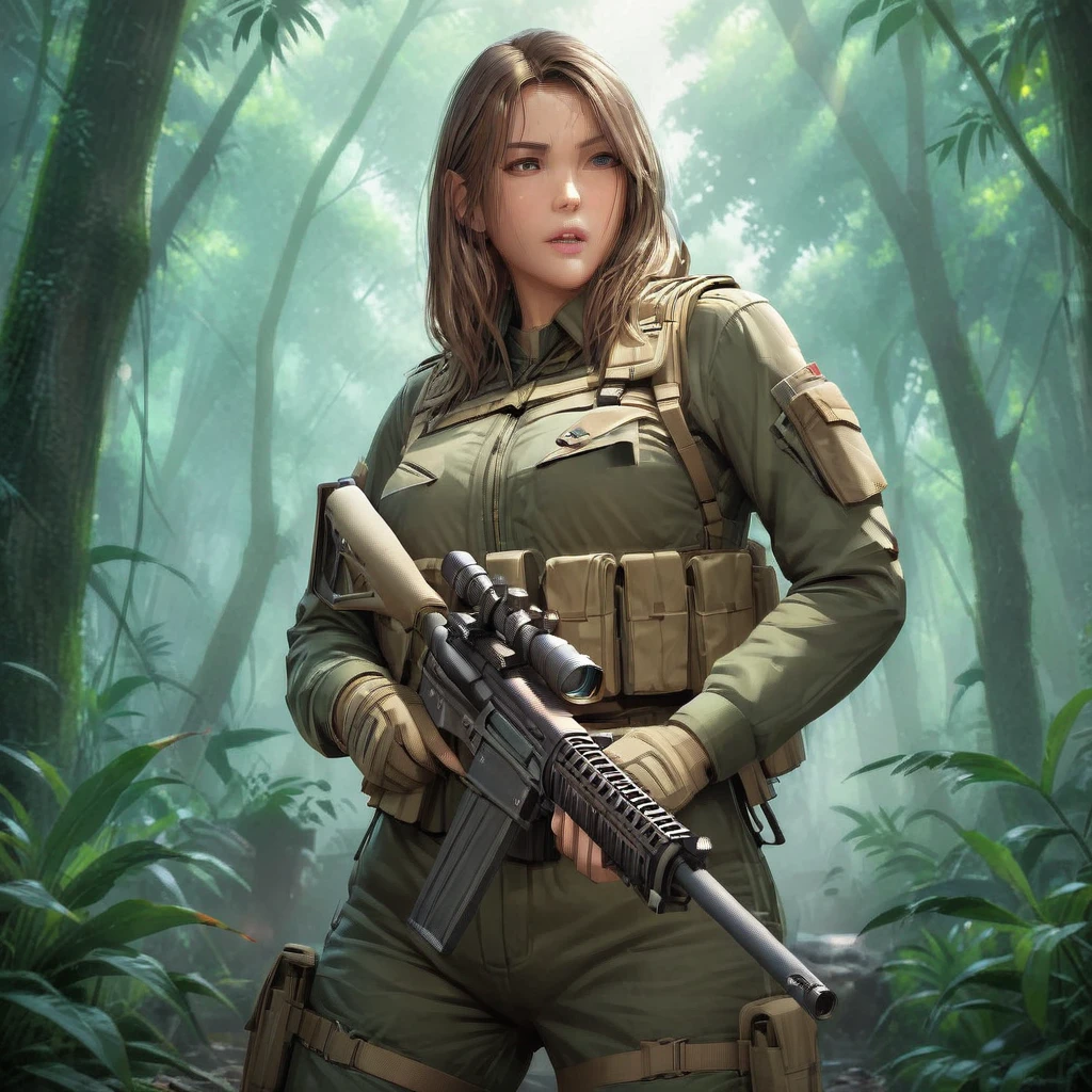 A group of female combat soldiers in stealth camouflage armor, blending into the dense jungle, holding sniper rifles, faces obscured by warpaint, barely visible outlines, ominous jungle atmosphere, low lighting, (best quality,4k,8k,highres,masterpiece:1.2),ultra-detailed,(realistic,photorealistic,photo-realistic:1.37),military,special forces,tactical gear,dark,gritty,cinematic