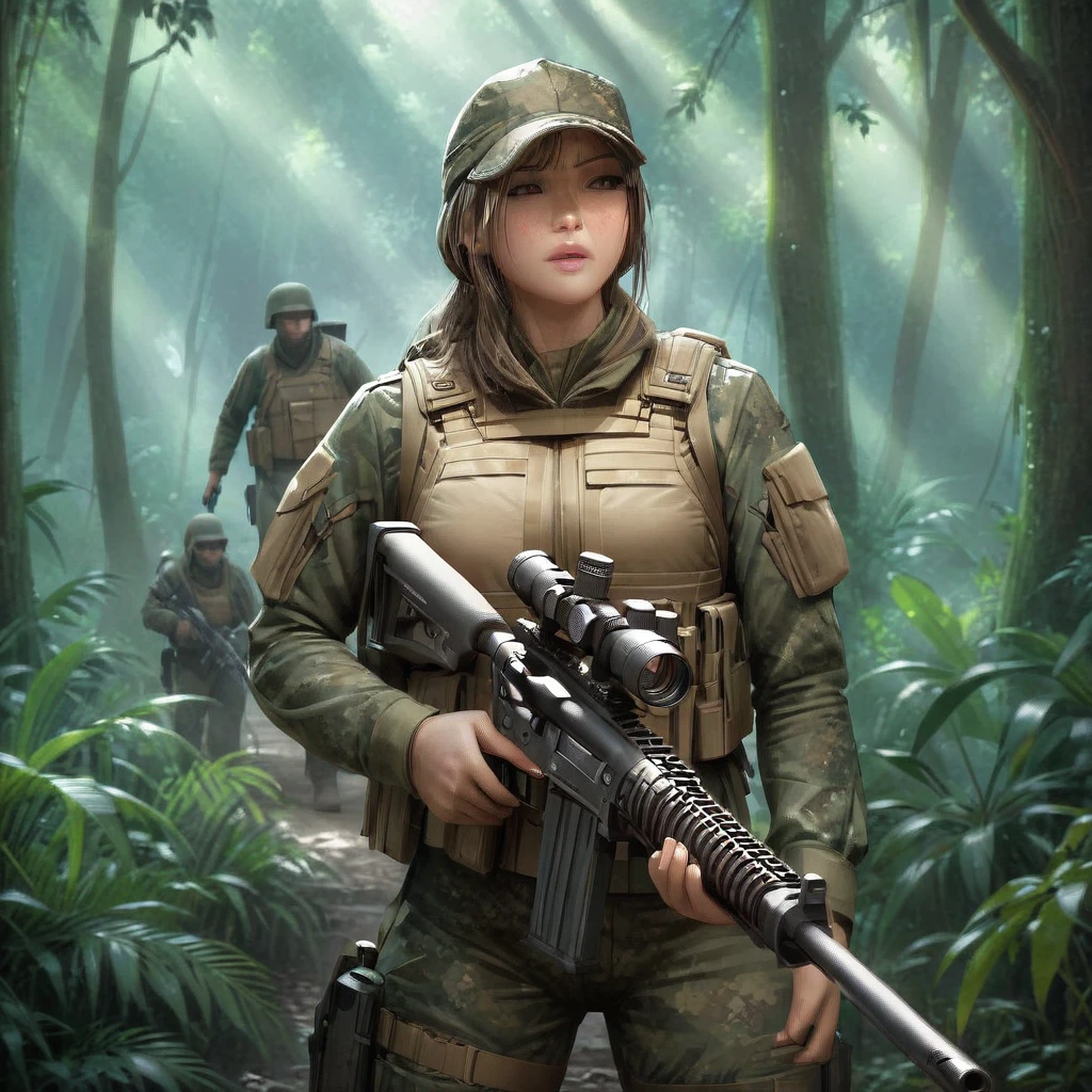 A group of female combat soldiers in stealth camouflage armor, blending into the dense jungle, holding sniper rifles, faces obscured by warpaint, barely visible outlines, ominous jungle atmosphere, low lighting, (best quality,4k,8k,highres,masterpiece:1.2),ultra-detailed,(realistic,photorealistic,photo-realistic:1.37),military,special forces,tactical gear,dark,gritty,cinematic