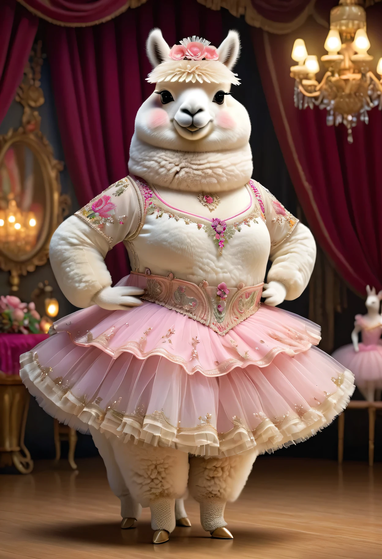 photorealistic portrait of Dressed animals-a ((fat)) (seal) dancer,(furry:1.5), (elegant pose:1.5), (hands on hips:1.5),(smile:1.5),high quality,(happy),(lovely) ,intricate details, Wearing bustier, (), highly detailed ((bustier)) ,highly detailed decorations of clothes, Fishnet panty horse , (happy), soft lighting,(full body image:2.0),luxury hotel room background,(high heels),
