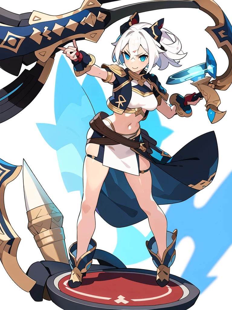 stand posture, cute eyes, 1girl, solo, high fantasy cloth, ((white background)), full body, holding weapon, crop top, 
