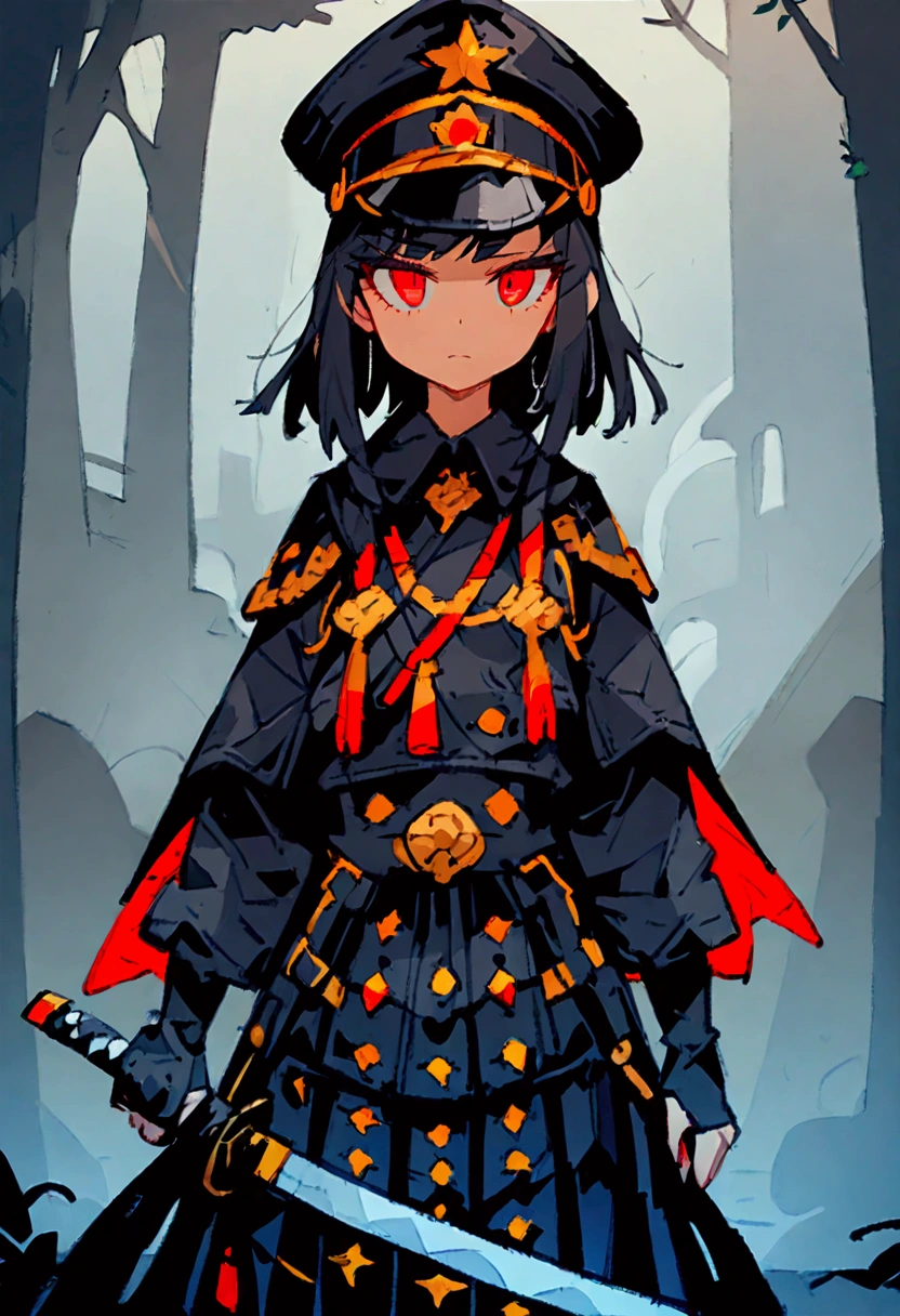 超detailed、Best Quality、masterpiece、cartoon style、girl、solo、Black Hair、Wearing a military cap、Black Cape、detailed、Best Quality、masterpiece、Black military uniform、Holding a Japanese sword,katana、Red eyes、jitome、Expressionless