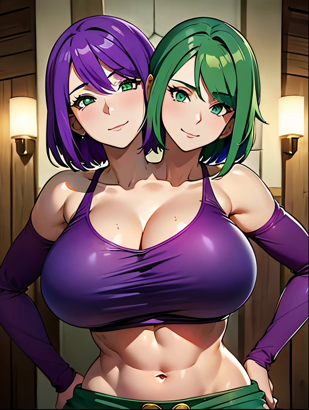 ((best quality), (high quality), (detailed), (masterpiece), good artist, ((2heads:1.5)), 1girl, (green hair), (purple hair), ((different hair colors:1.5)), ((two headed woman with beautiful detailed eyes)), (detailed hairstyles), ((medieval jester outfit)), jester hat, strong and confident expressions, exposed midriff, sexy body and face, perfect body, beautiful symmetric body, sexy girl, beautiful body and face, sexy hot body, very sexy pose,