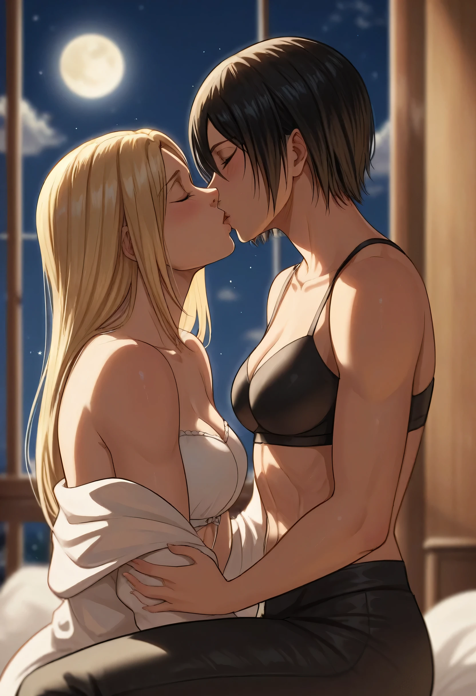 score_9, score_8_up, score_7_up, BREAK source_anime, historia reiss, blue eyes, blonde hair, long hair, medium breasts, long white dress sleeveless,female black hair soldier hugs historia,Mikasa with historia hugs,mikasa wreanig black sport bra and black combat pants,Mikasa female with short hair,mikasa female medium breasts,eyes closed,in night,moon in sky,mikasa final season,mikasa,Mikasa hugs historia،mikasa femboy,mikasa final season,historia blonde hair,hugs and kissing,mikasa carrying historia and kissing her,Mikasa lifts Historia up and kisses her.in middle night,lesbians,girl ×girl,yuri,romantic yuri,mikasa handsome female,historia beautiful female 