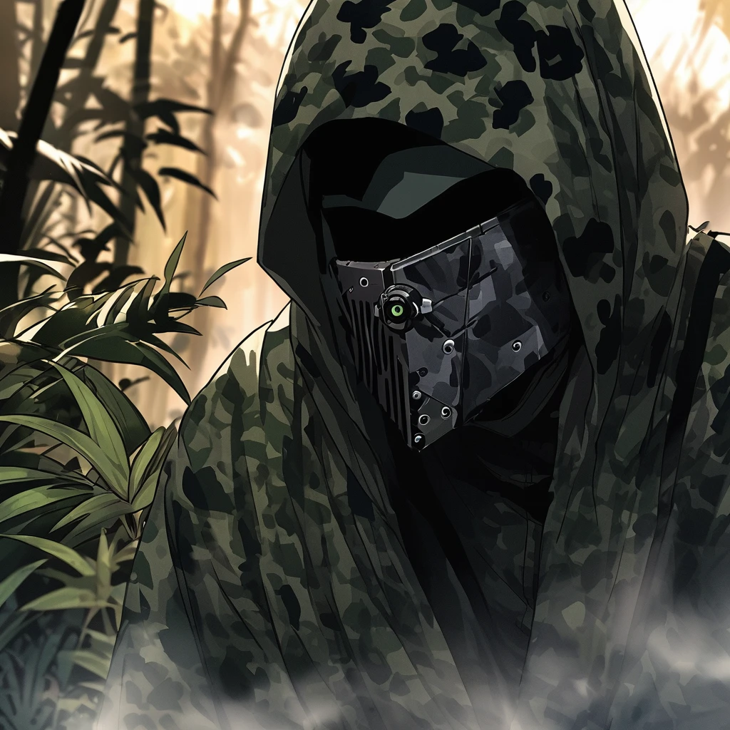 ((Invisible Man:1.5))、Predatory expression、Stealth Infantry Combat Group、Invisible Manの複数の女性兵士、The outline of the body is blurred and unclear、He pointed the muzzle of his sniper rifle at me and glared at me.、Hiding in the dense jungle、Apply detail paint to face、Assimilating into the jungle、The face and hands are barely visible.。It&#39;s dark because the sunlight doesn&#39;t reach the deep jungle.。