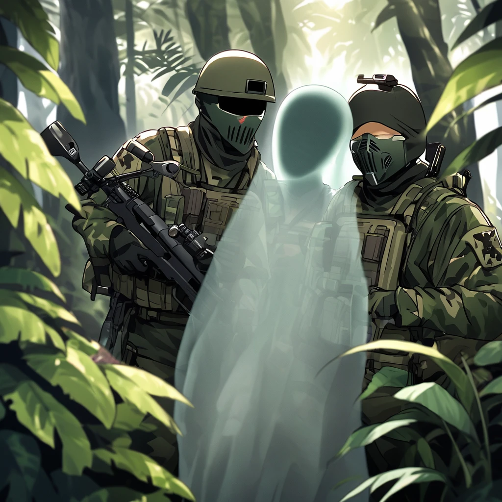 ((Invisible Man:1.5))、Predatory expression、Stealth Infantry Combat Group、Invisible Manの複数の女性兵士、The outline of the body is blurred and unclear、He pointed the muzzle of his sniper rifle at me and glared at me.、Hiding in the dense jungle、Apply detail paint to face、Assimilating into the jungle、The face and hands are barely visible.。It&#39;s dark because the sunlight doesn&#39;t reach the deep jungle.。