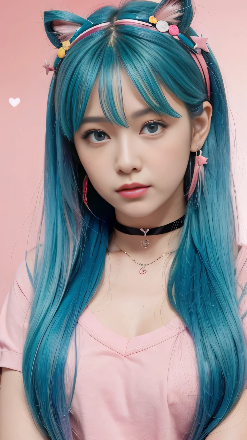 Medium chest, (Curvy), cute, eyelash,  pastel,One girl, Alone, Long Hair, View your viewers, Red cheeks, Simple Background, shirt, Hair accessories, clavicle, Upper Body, heart, I parted my lips, Choker, star (symbol), symbol-shaped pupils, Aqua Hair, heart-shaped pupils, Pink Background, pink shirt, star Hair accessories, Colorful eyes, food-themed Hair accessories, colorful, multicolored shirt, pastel colors,