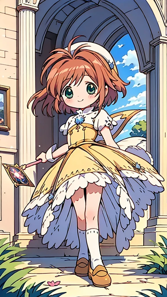 masterpiece, best quality, beautiful, cute visual art, girl (proportion: 1:5 heads), Sakura Card Captor, sakura kinomoto, cute, happy smile, short brown hair, green eyes, in top of big building {(wind power: 0.5)}, blue dress {(long dress details: 1.0)}, slim and long legs (open legs), Ezbian full body (softly wind blows), {{((A gentle wind blows her hair))}}, good proportions, looking at the viewer, ink, blushing, big smile, no nose, cute style, pastel tones, soft colors