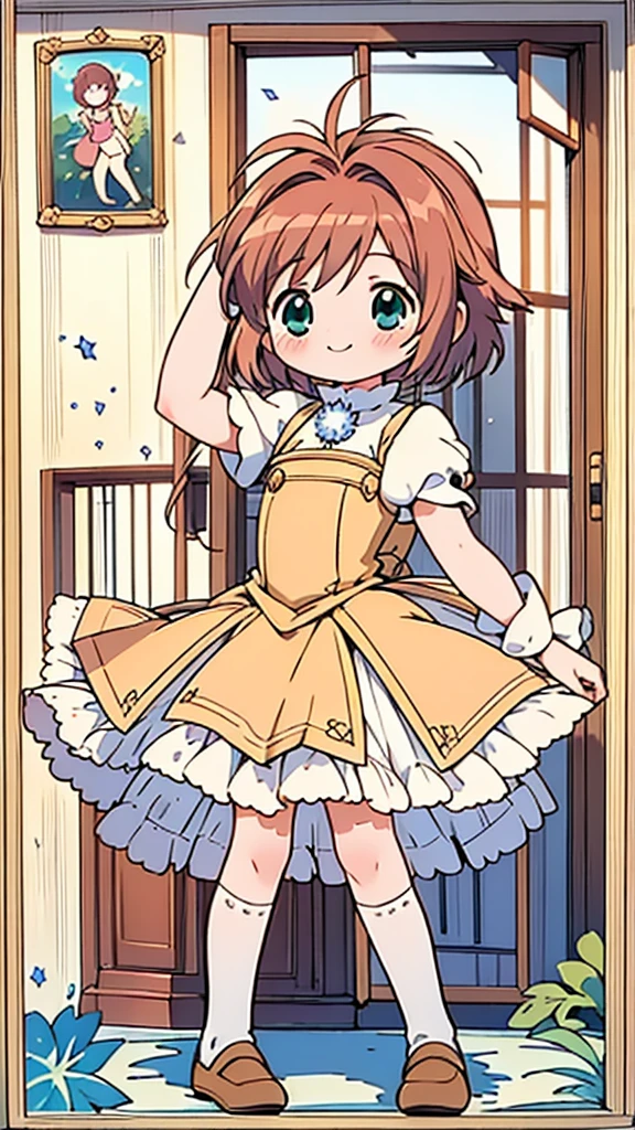 masterpiece, best quality, beautiful, cute visual art, girl (proportion: 1:5 heads), Sakura Card Captor, sakura kinomoto, cute, happy smile, short brown hair, green eyes, in top of big building {(wind power: 0.5)}, blue dress {(long dress details: 1.0)}, slim and long legs (open legs), Ezbian full body (softly wind blows), {{((A gentle wind blows her hair))}}, good proportions, looking at the viewer, ink, blushing, big smile, no nose, cute style, pastel tones, soft colors