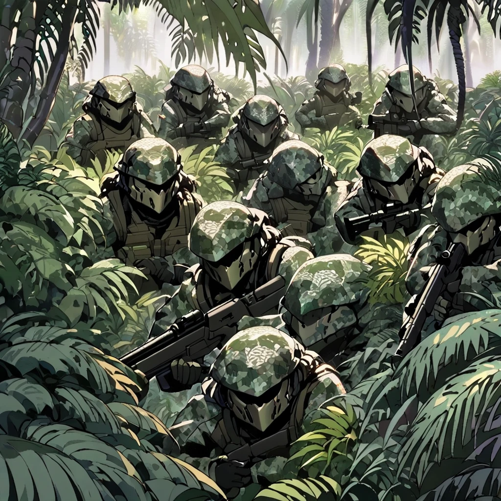 a group of female stealth infantry soldiers, predator-like camouflage, blurred and indistinct body outlines, aiming sniper rifles, concealed in a lush jungle, faces painted in intricate patterns, blending into the jungle environment, only faint glimpses of faces and hands visible, dark and gloomy jungle with little sunlight penetrating