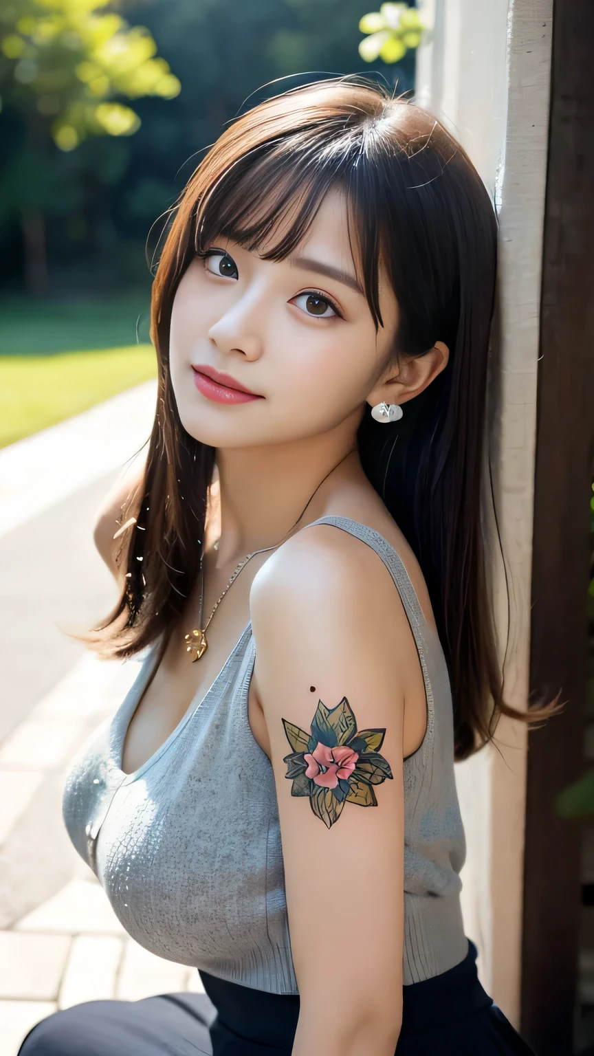 Crouched down and staring at you、Summer Sweaterの中はタンクトップを着ています、Gal clothes、Flashy accessories、Bright expression、Younger, brighter, whiter skin、Best Looks、輝く明るいプラチナblondeのショートヘアー、美しい short blonde French braided hair、Shiny, beautiful bangs、Very long eyelashes、Big Eyes、Perfect beauty、Ample breasts、Sexy big boobs, beautiful sexy cute looking pretty face、A strong wind blows my hair in front of my face、Cute and sexy eyes hidden behind long bangs、Eyes welling up with tears、Sparkling eyes,Summer Sweater、Inner tank top、Sexy shot of a girl looking at the camera、Sexy Face、Crouched down and staring at you、A face of ecstasy、The face at the peak of sexual arousal、Open-air bath in the sky、Pool in the Sky、(Highlight Color Hair,pink、blonde、5 ear piercings、necklace、Roman alphabet tattoo on arm、 Straight long hair, Layered Haircut), Earrings, Many thin bracelets, whole body, Squat on the ground in a crab-legged position, Highly detailed faces and skin tones, (body whole body tattoo, whole bodyに入れ墨), Beautiful Eyes, Realistic, Fascinating, Beautiful posture、Always wear a skirt、Crouched down and staring at you、Yankee girl、Flashy accessories、
