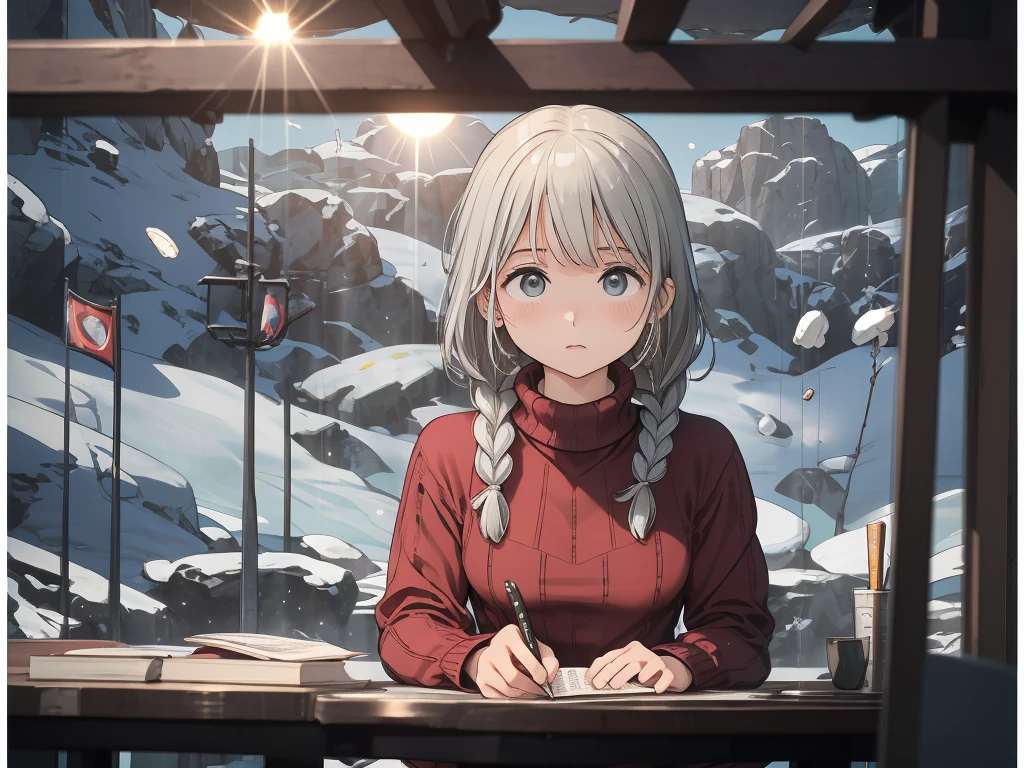 one woman,  talents, cozy turtleneck sweater, Upper body angle, Very cute, Perfect good looks, Braid, ash gray hair, glare of the sun, Depth of object being written, blurred background, particles of light, Strange wind, Highest image quality, highest quality, ultra high resolution, master piece, (Apsaras ⅱ)