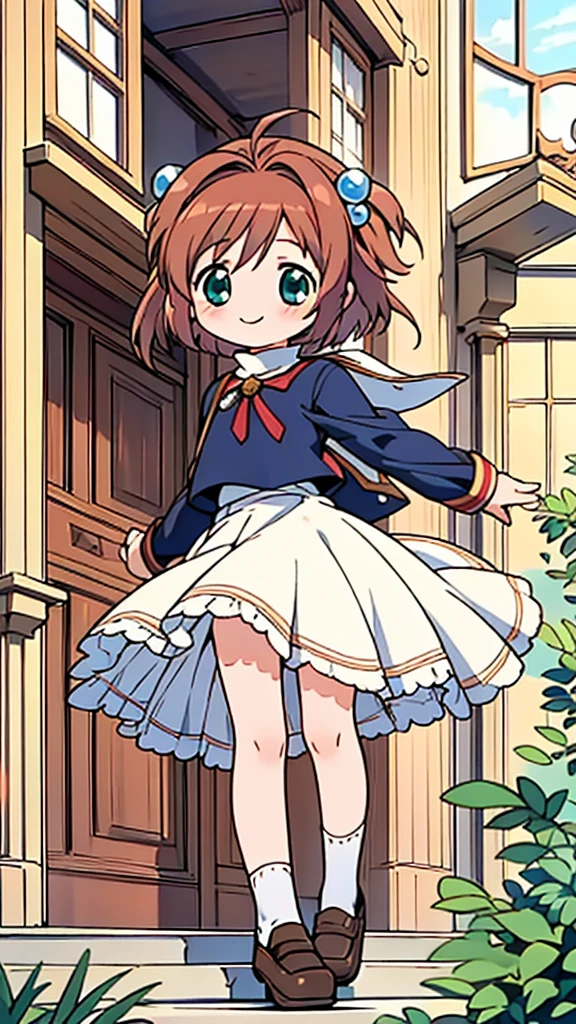 masterpiece, best quality, beautiful, cute visual art, girl (proportion: 1:5 heads), Sakura Card Captor, kinomoto sakura, brown hair, short hair, antenna hair, two side up, hair bobbles, green eyes, school uniform, white sailor collar, black shirt, long sleeves, white skirt, pleated skirt, cute, happy smile, in top of big building {(wind power: 0.5)}, blue dress {(long dress details: 1.0)}, slim and long legs (open legs), Ezbian full body (softly wind blows), {{((A gentle wind blows her hair))}}, good proportions, looking at the viewer, ink, blushing, big smile, no nose, cute style, pastel tones, soft colors