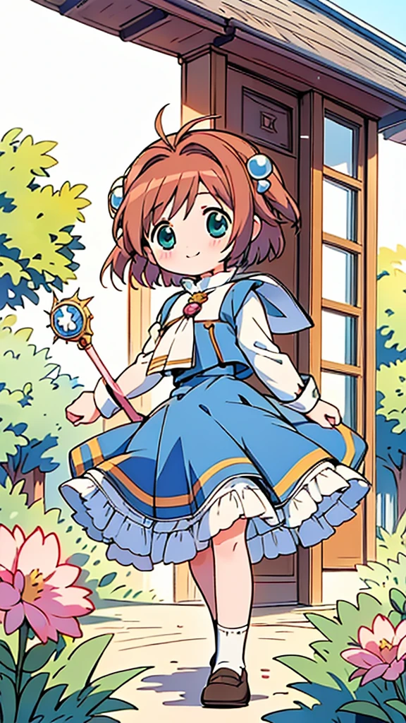 masterpiece, best quality, beautiful, cute visual art, girl (proportion: 1:5 heads), Sakura Card Captor, kinomoto sakura, brown hair, short hair, antenna hair, two side up, hair bobbles, green eyes, school uniform, white sailor collar, black shirt, long sleeves, white skirt, pleated skirt, cute, happy smile, in top of big building {(wind power: 0.5)}, blue dress {(long dress details: 1.0)}, slim and long legs (open legs), Ezbian full body (softly wind blows), {{((A gentle wind blows her hair))}}, good proportions, looking at the viewer, ink, blushing, big smile, no nose, cute style, pastel tones, soft colors