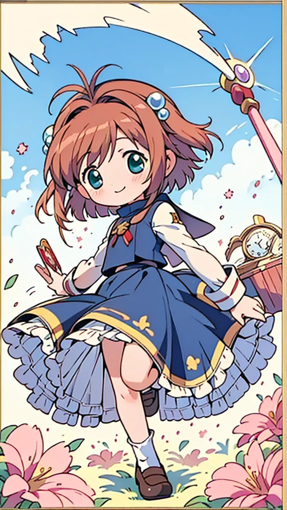 masterpiece, best quality, beautiful, cute visual art, girl (proportion: 1:5 heads), Sakura Card Captor, kinomoto sakura, brown hair, short hair, antenna hair, two side up, hair bobbles, green eyes, school uniform, white sailor collar, black shirt, long sleeves, white skirt, pleated skirt, cute, happy smile, in top of big building {(wind power: 0.5)}, blue dress {(long dress details: 1.0)}, slim and long legs (open legs), Ezbian full body (softly wind blows), {{((A gentle wind blows her hair))}}, good proportions, looking at the viewer, ink, blushing, big smile, no nose, cute style, pastel tones, soft colors