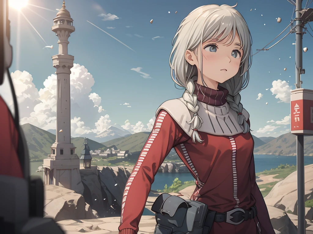 one woman, 14 talents, cozy turtleneck sweater, Upper body angle, Very cute, Perfect good looks, Braid, ash gray hair, glare of the sun, Depth of object being written, blurred background, particles of light, Strange wind, Highest image quality, highest quality, ultra high resolution, master piece, (Apsaras ⅱ)